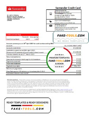 Spain Santander credit card proof of address bank statement in Excel and PDF format