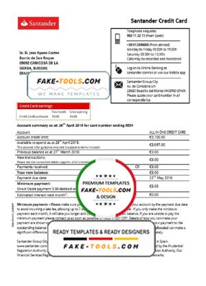 Spain Santander credit card proof of address bank statement in Word and PDF format