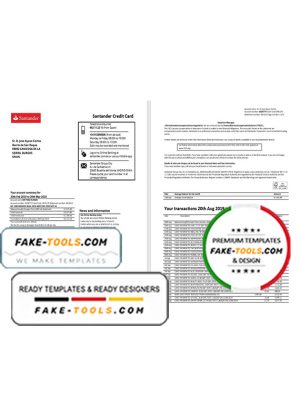 Spain Santander credit card statement template, Word and PDF format (.doc and .pdf), 2 pages