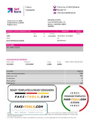 Spain Self Bank proof of address statement template in Excel and PDF format, .xls and .pdf format