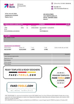 Spain Self Bank proof of address statement template in Word and PDF format, .doc and .pdf format