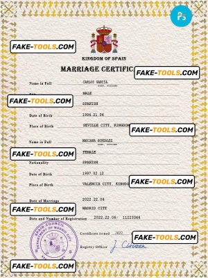 Spain marriage certificate PSD template, fully editable
