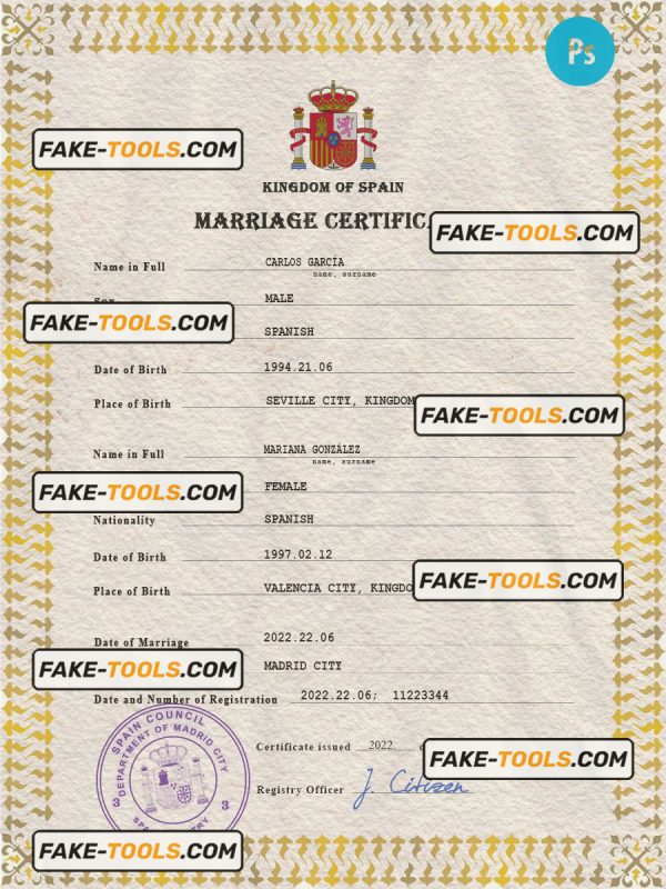 Spain marriage certificate PSD template, fully editable