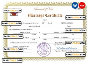 Spain marriage certificate Word and PDF template, fully editable