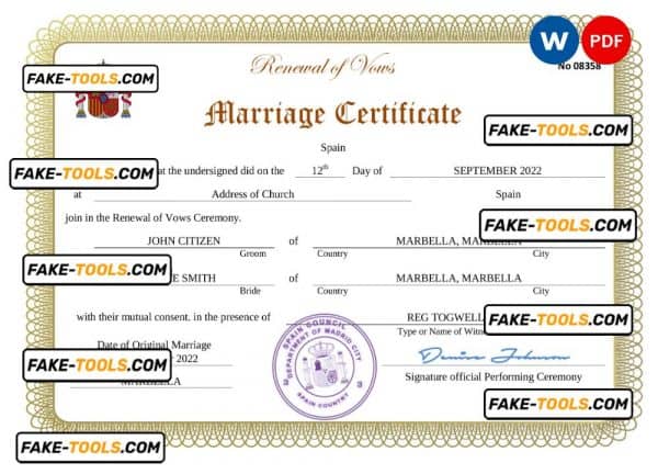 Spain marriage certificate Word and PDF template, fully editable