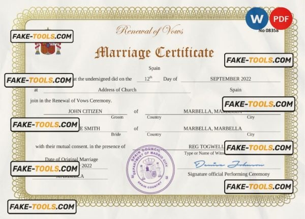 Spain marriage certificate Word and PDF template, fully editable