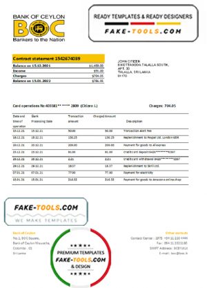 Sri Lanka Bank of Ceylon bank statement easy to fill template in .xls and .pdf file format