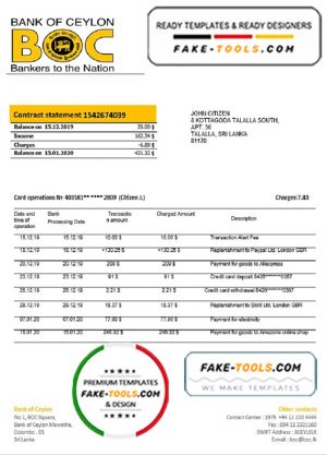 Sri Lanka Bank of Ceylon bank statement template in Word and PDF format, good for address prove
