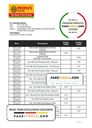 Sri Lanka People’s Bank bank statement template in Word and PDF format, version 2