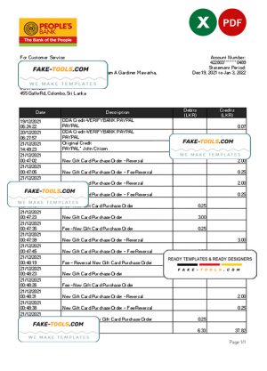 Sri Lanka People’s Bank statement, Excel and PDF template