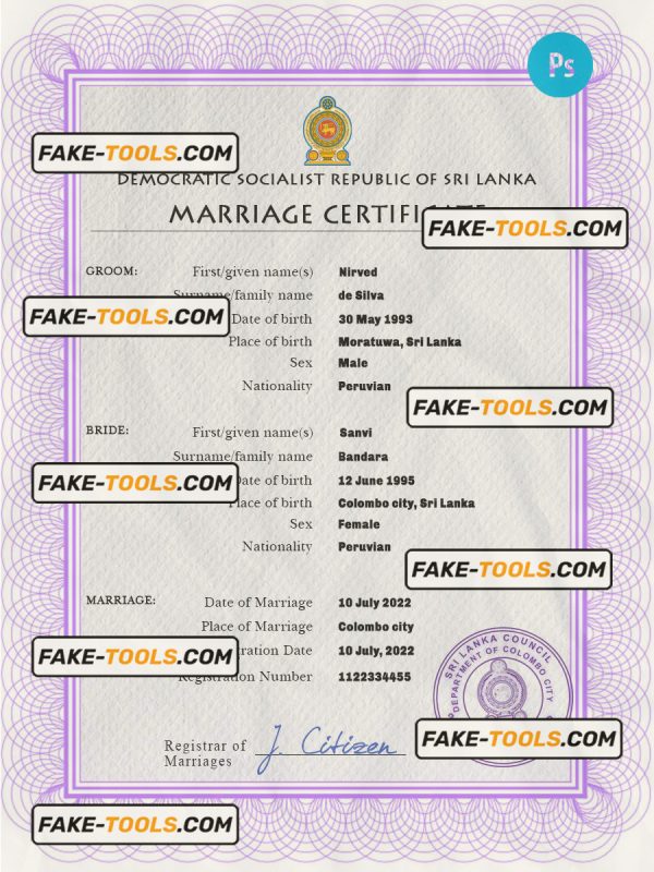 Sri Lanka marriage certificate PSD template, completely editable