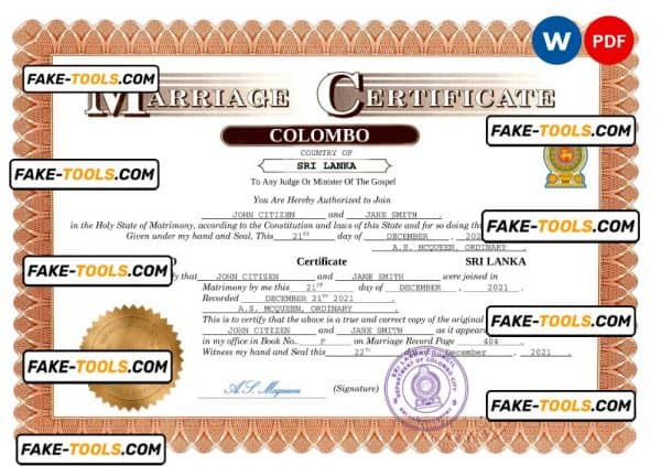 Sri Lanka marriage certificate Word and PDF template, completely editable