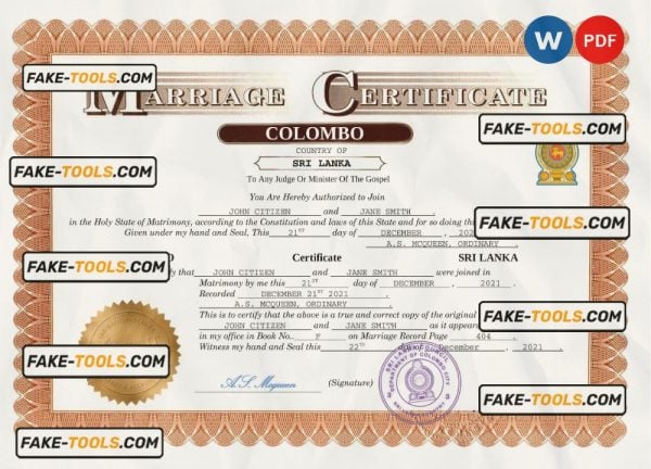 Sri Lanka marriage certificate Word and PDF template, completely editable