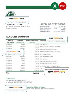 Sudan Agricultural Bank of Sudan bank statement, Excel and PDF template