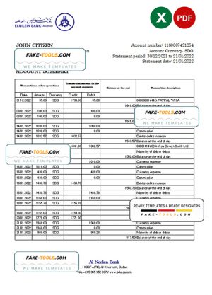 Sudan Al Neelen Bank statement, Excel and PDF template