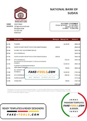 Sudan National Bank of Sudan bank statement easy to fill template in Excel and PDF format