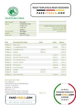 Sudan Saudi Sudanese Bank statement easy to fill template in .xls and .pdf file format
