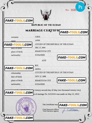 Sudan marriage certificate PSD template, fully editable
