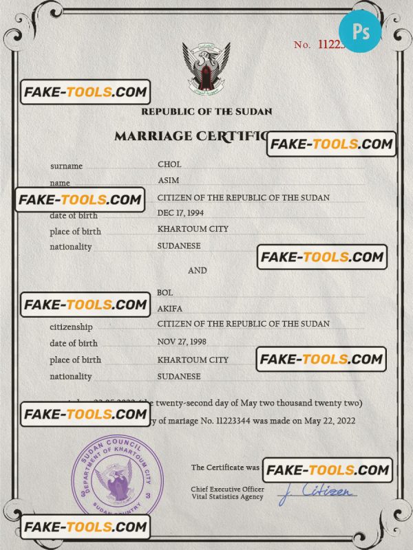 Sudan marriage certificate PSD template, fully editable