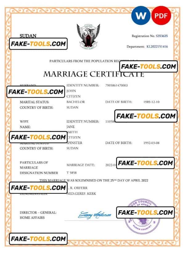 Sudan marriage certificate Word and PDF template, fully editable