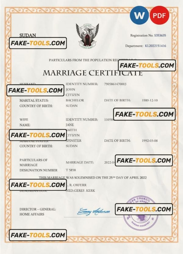 Sudan marriage certificate Word and PDF template, fully editable