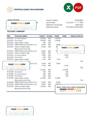 Suriname Centrale Bank Van Suriname bank statement, Excel and PDF template