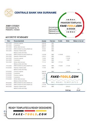 Suriname Centrale Bank Van Suriname bank statement template in Word and PDF format