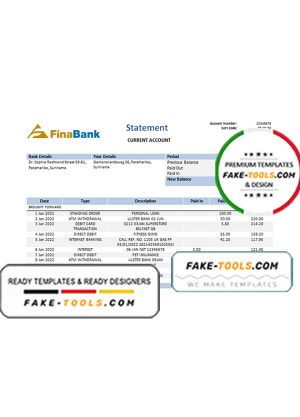 Suriname Finabank bank statement template in Word and PDF format