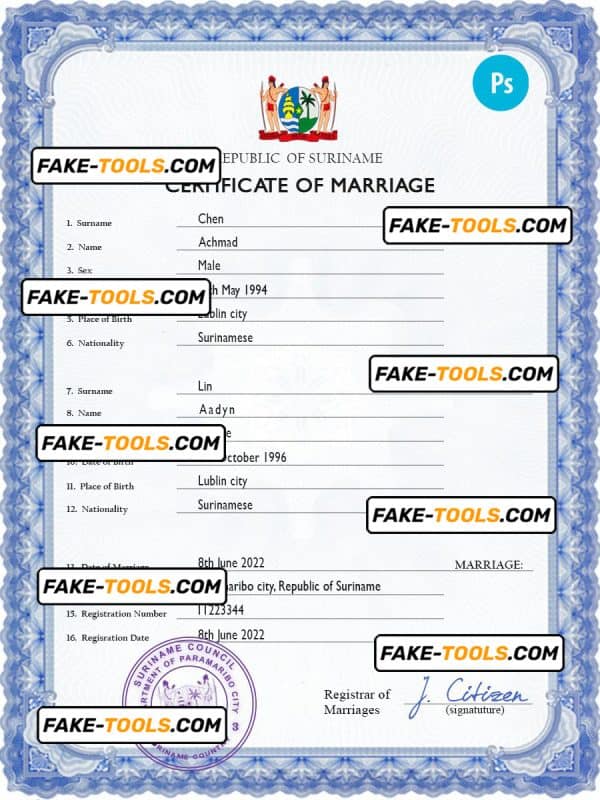 Suriname marriage certificate PSD template, completely editable