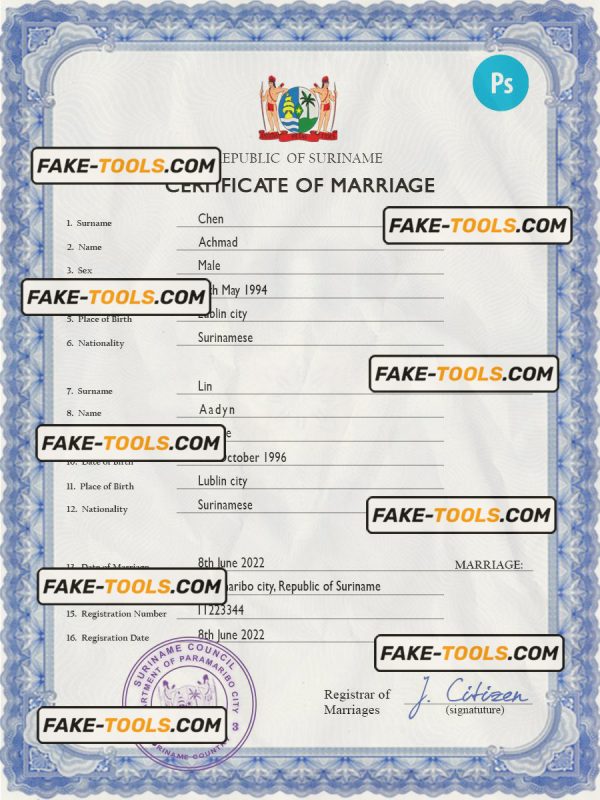 Suriname marriage certificate PSD template, completely editable