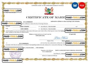 Suriname marriage certificate Word and PDF template, completely editable