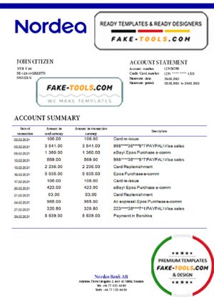 Sweden Nordea Bank AB bank statement easy to fill template in .doc and .pdf format, fully editable