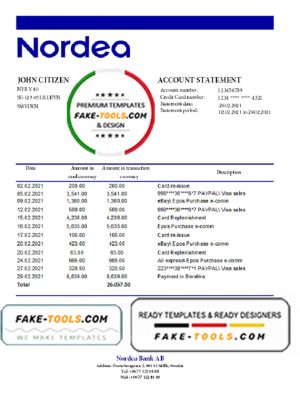 Sweden Nordea Bank statement easy to fill template in .xls and .pdf file format