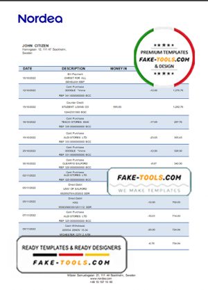 Sweden Nordea bank statement template in Word and PDF format, version 2