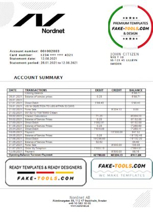 Sweden Nordnet AB bank statement easy to fill template in .doc and .pdf format, fully editable
