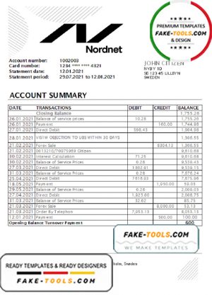 Sweden Nordnet AB bank statement easy to fill template in .xls and .pdf file format