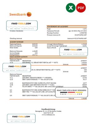 Sweden Swedbank bank statement, Excel and PDF template