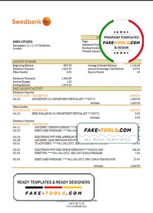 Sweden Swedbank bank statement template in Word and PDF format