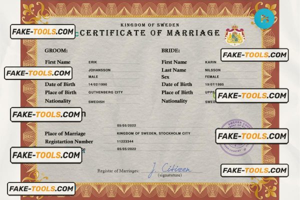Sweden marriage certificate PSD template, fully editable