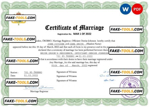 Sweden marriage certificate Word and PDF template, fully editable