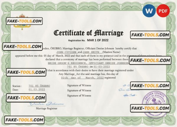 Sweden marriage certificate Word and PDF template, fully editable