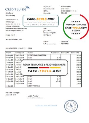 Switzerland Credit Suisse Bank statement easy to fill template in .xls and .pdf file format