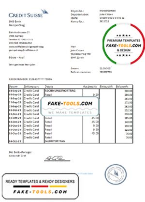 Switzerland Credit Suisse bank proof of address statement template in Word and PDF format (.doc and .pdf)