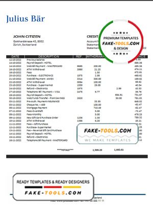 Switzerland Julius Bar bank proof of address statement template in Word and PDF format (.doc and .pdf)