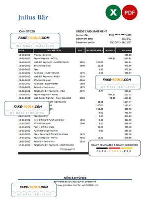Switzerland Julius Bar bank statement, Excel and PDF template