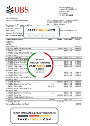 Switzerland UBS Bank statement easy to fill template in Excel and PDF format