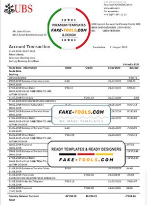Switzerland UBS bank proof of address statement template in Word and PDF format, version 1