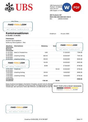 Switzerland UBS bank statement, Word and PDF template, 2 pages