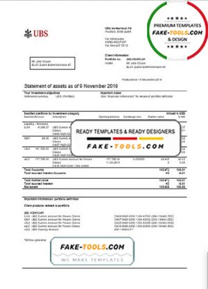 Switzerland UBS bank statement template in .xls and .pdf file format, version 2