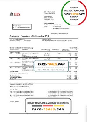 Switzerland UBS bank statement template in Word and PDF format, version 2